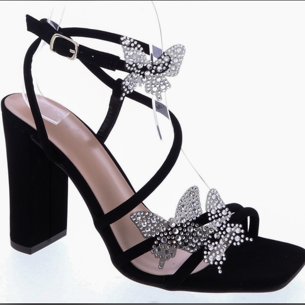 Black and Silver High Block Heel Sandals with Rhinestone Embellishments